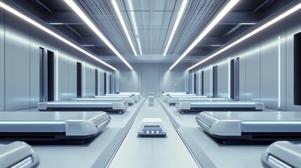 A sleek robotic warehouse with autonomous robots sorting packages.