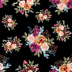 Abstract bouquet flowers, all over textiles design, illustration watercolor seamless pattern