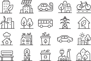 Green City Line Icons Set – Eco Buildings, Trees, Solar Panels, Bike Lanes, Renewable Energy – No Text Outline Vector Icons