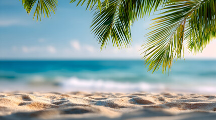 Fototapeta premium Escape to paradise with stunning beach scene, palm leaves swaying in gentle breeze, perfect for travel and relaxation