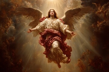 Angel descends from the heavens surrounded by clouds and light during a dramatic heavenly event