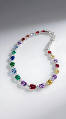 Ultra high-res colorful diamond necklace with faceted gemstones on glossy white, elegant and luxurious.

