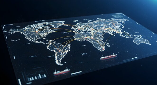 Holographic logistics route map displaying global transportation network, futuristic supply chain visualization, glowing lines and nodes connecting continents, concept of worldwide shipping, trade. - Powered by Adobe