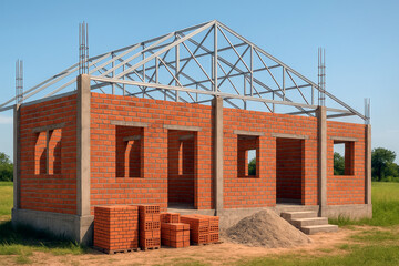 Obraz premium a half finished structure resembling a brick house under construction, with no walls surrounding the exposed framework inside