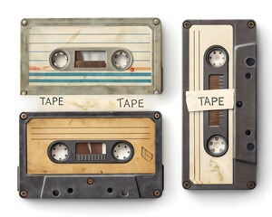 Obraz premium Retro Music Cassette Tape Texture Set – Scanned Top-Down Tapes with Handwritten Labels, Plastic Shine, and Aged Inserts for Vintage Edits and Graphic Design Projects