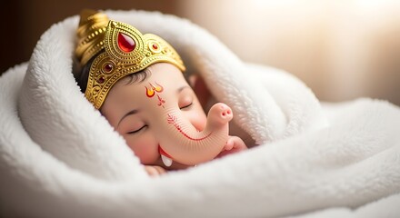 Adorable baby dressed as ganesha sleeping peacefully in soft white blanket