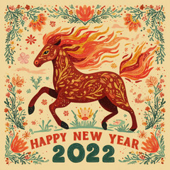 Happy new year 2022 horse illustration with floral decoration