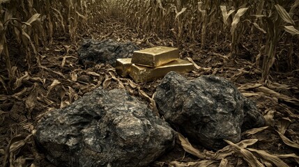 Gold Bars Nestled in a Dry Cornfield Surrounded by Rocks