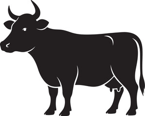 Black and White Illustration of a Grazing Cow with Horns