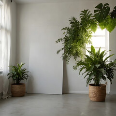 White round wooden pedestal with palm tree shadows. Background is white wall and white marble floor.