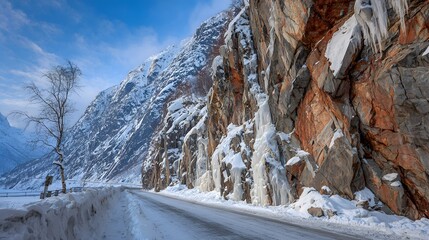 Snowy mountain road through a rock canyon.