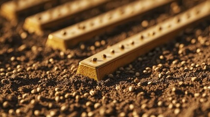 Gold bars resting on dark soil surrounded by scattered seeds