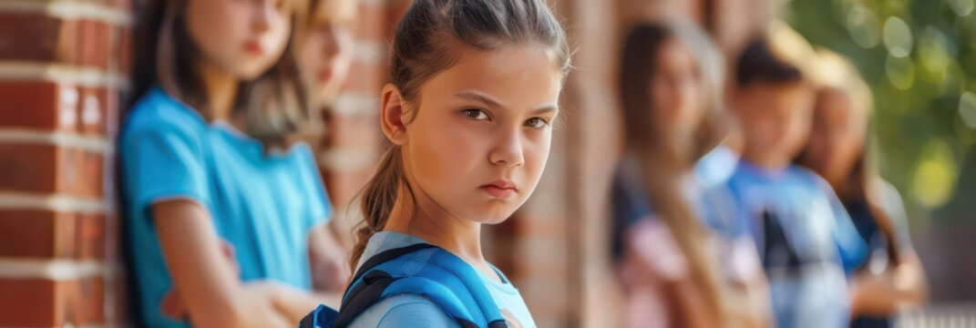 Childhood bullying awareness with focused girl in school environment for education campaigns. The problem of bullying at school, bullying of classmates based on nationality, race or class