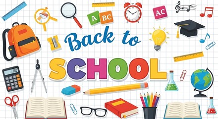 Colorful back to school illustration featuring school supplies and stationery items on white background