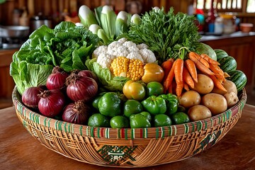 Natural vegetables collected in traditional basket high resolution picture