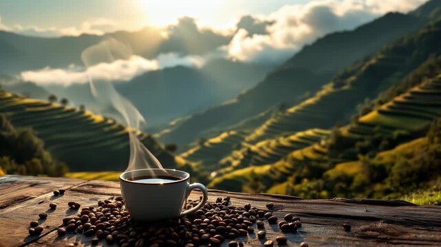 Serene Sunrise Coffee: Mountain View, Steam Rising, Aromatic Beans