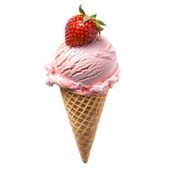 Pink strawberry ice cream scoop on a waffle cone. Fresh, whole strawberry atop the pink ice cream