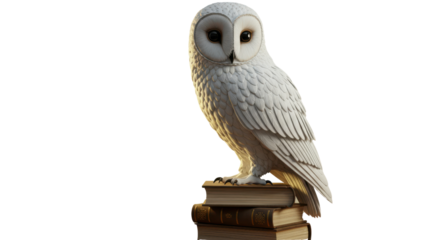 White owl perched on stack of books isolated on white background