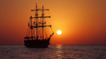Obraz premium Sunset Sailing Ship on the Ocean Horizon