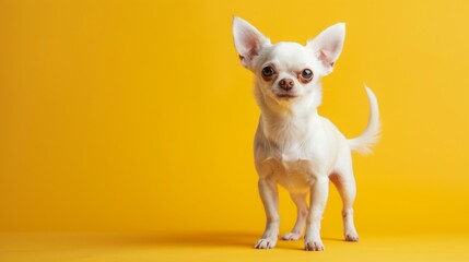 White Chihuahua standing on yellow background, playful and alert, high-resolution stock photo style