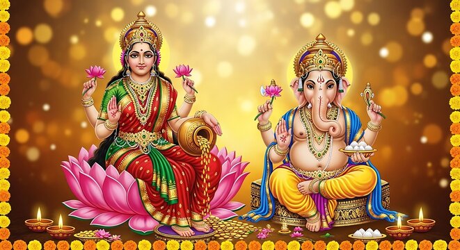 Divine illustration of goddess lakshmi and lord ganesha symbolizing prosperity and good fortune.