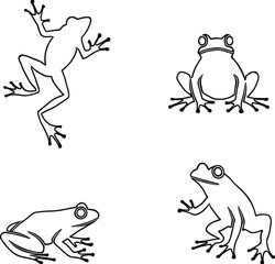 Cad Drawing Flat Vector Illustration, Black and White Frog Silhouette Artwork with Multiple Poses, Nature-Themed Amphibian Design for Wildlife Collections