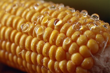 Close-up of fresh corn on the cob with droplets of water in a vibrant yellow color