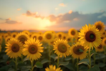 Obraz premium Golden sunflowers bloom vibrantly at sunset, creating a peaceful agricultural landscape scene full of warmth