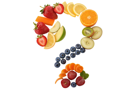 Colorful fruit and vegetables forming a large question mark on a black background for creativity