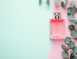 Pink perfume bottle with eucalyptus leaves on pastel background