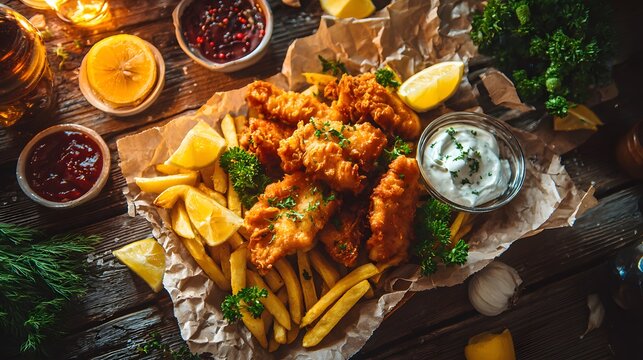 Crispy fish and chips with dipping sauces on a rustic wooden table. - Powered by Adobe
