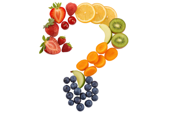 Question mark shape created with assorted fruit slices on a plain black background looks delicious