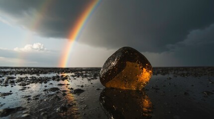 a realistic red armload stone lying on sea shore behind rainbow and white clouds on the sky a beautiful nature scene of beach ai generated
