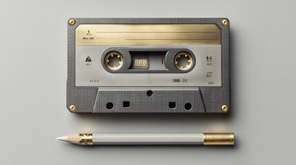 Fototapeta premium Elegant cassette tape and pencil on a minimalist background capturing retro vibes