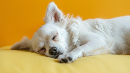 White dog sleeping peacefully on yellow background, pet lifestyle concept, soft lighting