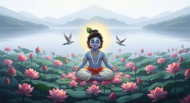 Meditating Little Krishna in Lotus Garden &ndash; Spiritual HD Krishna Wallpaper for Desktop & Tablet
