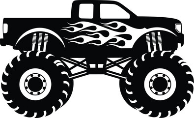 monster truck silhouette, oversized tires and flame decals, raised suspension pickup, rally vehicle, cad drawing flat vector illustration © Creative Minds