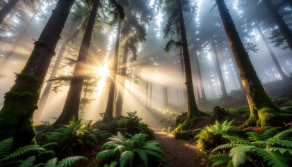 Obraz premium Mystical Forest Atmosphere: Sunbeams cutting through thick fog in a dense, moss-covered ancient forest