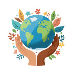 Hands gently holding planet Earth decorated with colorful leaves and flowers isolated PNG with Transparent Background
