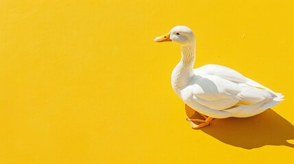 White duck sitting on vibrant yellow surface, clean and modern, minimal shadows