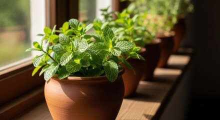 Fresh herbs in pots on the windowsill