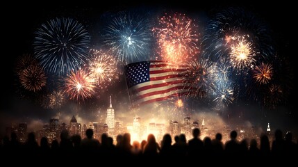 Fireworks display over a city skyline, with silhouettes of spectators.