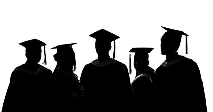  Silhouettes of students wearing graduation caps, transparent background
