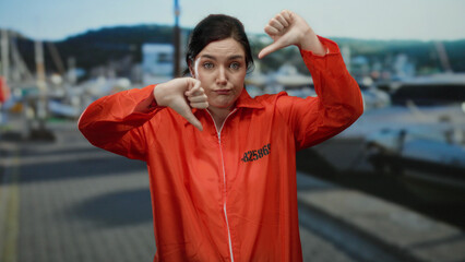 Woman in orange jumpsuit at port with ships showing disappointment and frustration in front of boats, showcasing a vivid maritime background.