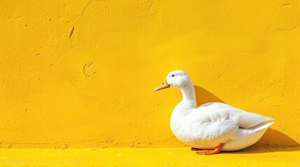 White duck sitting on vibrant yellow surface, clean and modern, minimal shadows