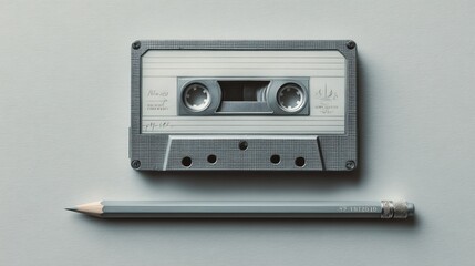 Fototapeta premium Vintage audio cassette tape alongside a gray pencil on a neutral background