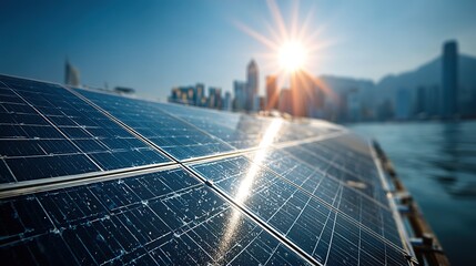 Drone Overhead Shot of Monocrystalline Solar Panels in Morning Light with Clear Sky and Blurred Urban Background for Green Energy