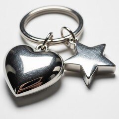 Shiny silver keychain with heart and star charms, realistic metal texture, elegant reflections, minimalist composition on a pure white background. Premium photorealistic quality.