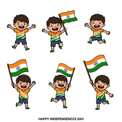Vector art of set of six cartoon indian boys celebrating independence day with the indian flag, isolated on white background
