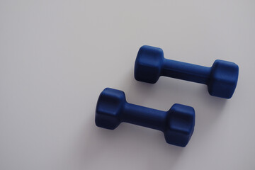 Pair of blue dumbbells for fitness and home workout on a clean white background.